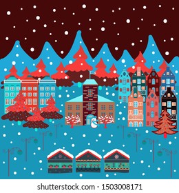 Amazing fairy house decorated at christmas in magical forest. Unusual christmas illustration postcard on red, brown and blue colors. Vector illustration.
