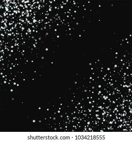 Amazing falling snow. Abstract chaotic scatter on black background. Alluring vector illustration.