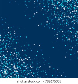 Amazing falling snow. Abstract chaotic mess on deep blue background. Dazzling vector illustration.