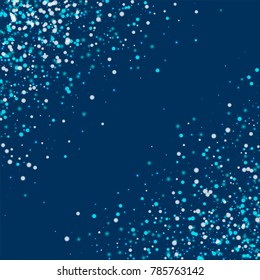 Amazing falling snow. Abstract chaotic scatter on deep blue background. Terrific vector illustration.