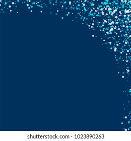 Amazing falling snow. Abstract right top corner on deep blue background. Delicate vector illustration.