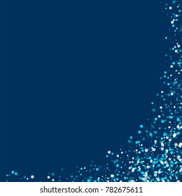 Amazing falling snow. Abstract right bottom corner on deep blue background. Overwhelming vector illustration.