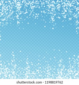 Amazing falling snow Christmas background. Subtle flying snow flakes and stars on blue transparent background. Adorable winter silver snowflake overlay template. Classy vector illustration.