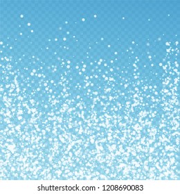 Amazing falling snow Christmas background. Subtle flying snow flakes and stars on blue transparent background. Admirable winter silver snowflake overlay template. Surprising vector illustration.