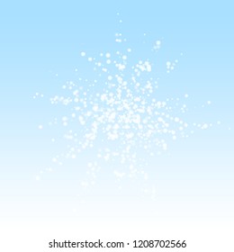 Amazing falling snow Christmas background. Subtle flying snow flakes and stars on winter sky background. Authentic winter silver snowflake overlay template. Interesting vector illustration.