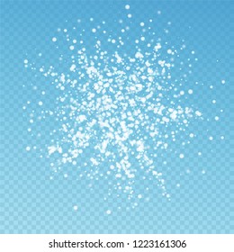 Amazing falling snow Christmas background. Subtle flying snow flakes and stars on blue transparent background. Actual winter silver snowflake overlay template. Emotional vector illustration.