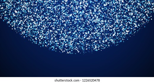 Amazing falling snow Christmas background. Subtle flying snow flakes and stars on winter sky background. Alive winter silver snowflake overlay template. Classy vector illustration.