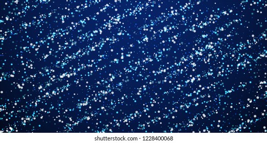 Amazing falling snow Christmas background. Subtle flying snow flakes and stars on winter sky background. Admirable winter silver snowflake overlay template. Exotic vector illustration.