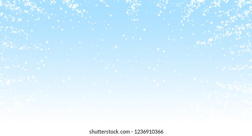 Amazing falling snow Christmas background. Subtle flying snow flakes and stars on night sky background. Alive winter silver snowflake overlay template. Extra vector illustration.
