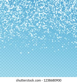 Amazing falling snow Christmas background. Subtle flying snow flakes and stars on blue transparent background. Alive winter silver snowflake overlay template. Gorgeous vector illustration.