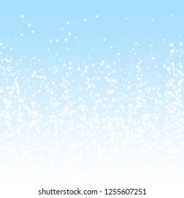 Amazing falling snow Christmas background. Subtle flying snow flakes and stars on winter sky background. Authentic winter silver snowflake overlay template. Unusual vector illustration.
