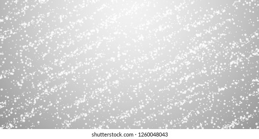 Amazing falling snow Christmas background. Subtle flying snow flakes and stars on light grey background. Admirable winter silver snowflake overlay template. Energetic vector illustration.