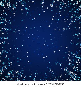 Amazing falling snow Christmas background. Subtle flying snow flakes and stars on dark blue night background. Amazing winter silver snowflake overlay template. Fantastic vector illustration.