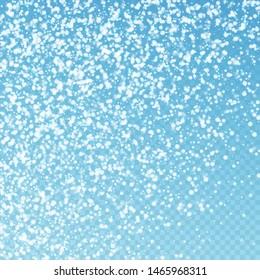 Amazing falling snow Christmas background. Subtle flying snow flakes and stars on blue transparent background. Alluring winter silver snowflake overlay template. Radiant vector illustration.