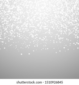 Amazing falling snow Christmas background. Subtle flying snow flakes and stars on light grey background. Alive winter silver snowflake overlay template. Grand vector illustration.
