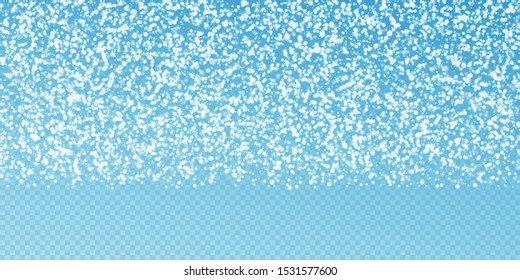 Amazing falling snow Christmas background. Subtle flying snow flakes and stars on transparent blue background. Admirable winter silver snowflake overlay template. Worthy vector illustration.