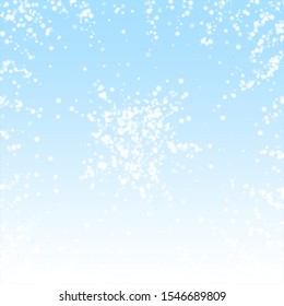 Amazing falling snow Christmas background. Subtle flying snow flakes and stars on winter sky background. Authentic winter silver snowflake overlay template. Extra vector illustration.