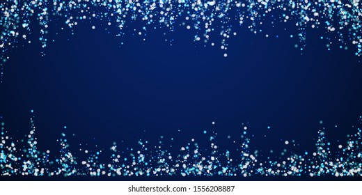 Amazing falling snow Christmas background. Subtle flying snow flakes and stars on winter sky background. Admirable winter silver snowflake overlay template. Breathtaking vector illustration.
