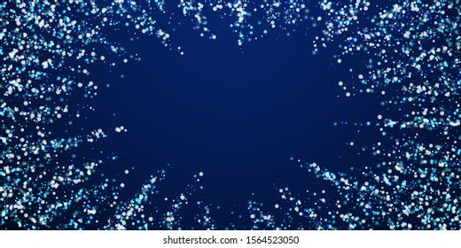 Amazing falling snow Christmas background. Subtle flying snow flakes and stars on winter sky background. Alive winter silver snowflake overlay template. Ideal vector illustration.