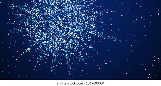 Amazing falling snow Christmas background. Subtle flying snow flakes and stars on dark blue night background. Astonishing winter silver snowflake overlay template. Sightly vector illustration.