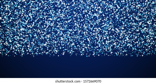 Amazing falling snow Christmas background. Subtle flying snow flakes and stars on winter sky background. Adorable winter silver snowflake overlay template. Actual vector illustration.