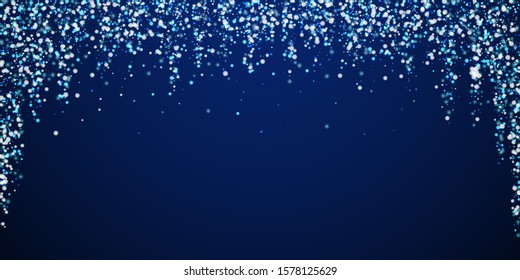 Amazing falling snow Christmas background. Subtle flying snow flakes and stars on winter sky background. Actual winter silver snowflake overlay template. Mesmeric vector illustration.