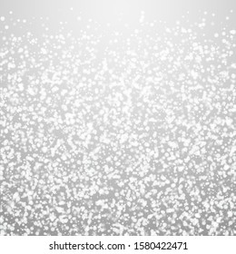 Amazing falling snow Christmas background. Subtle flying snow flakes and stars on light grey background. Alluring winter silver snowflake overlay template. Imaginative vector illustration.