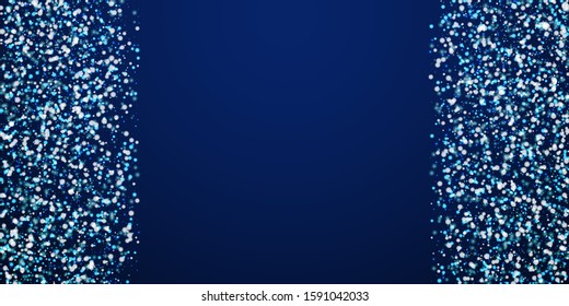 Amazing falling snow Christmas background. Subtle flying snow flakes and stars on dark blue night background. Appealing winter silver snowflake overlay template. Alluring vector illustration.