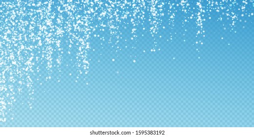 Amazing falling snow Christmas background. Subtle flying snow flakes and stars on transparent blue background. Admirable winter silver snowflake overlay template. Delicate vector illustration.