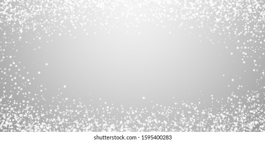 Amazing falling snow Christmas background. Subtle flying snow flakes and stars on light grey background. Alive winter silver snowflake overlay template. Mind-blowing vector illustration.