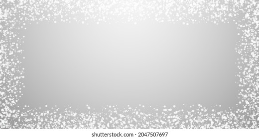 Amazing falling snow Christmas background. Subtle flying snow flakes and stars on light grey background. Admirable winter silver snowflake overlay template. Perfect vector illustration.