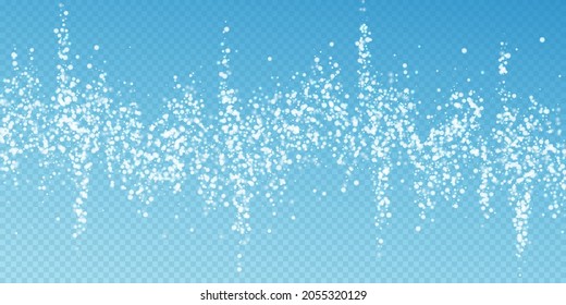 Amazing falling snow Christmas background. Subtle flying snow flakes and stars on transparent blue background. Actual winter silver snowflake overlay template. Glamorous vector illustration.