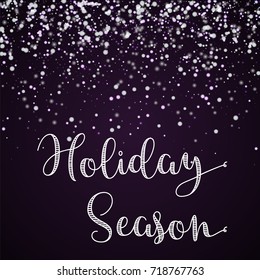 Amazing falling snow Holiday Season greeting card on deep purple background. Magnificent vector illustration.