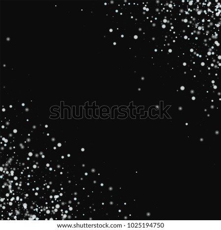 Amazing falling snow. Scatter cornered border on black background. Fascinating vector illustration.