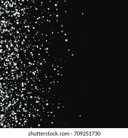 Amazing falling snow. Scatter left gradient with amazing falling snow on black background. Vector illustration.