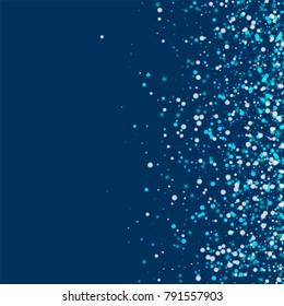 Amazing falling snow. Scatter right gradient on deep blue background. Delightful vector illustration.