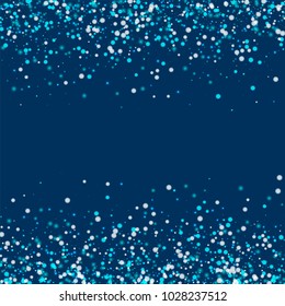 Amazing falling snow. Scattered border on deep blue background. Sightly vector illustration.