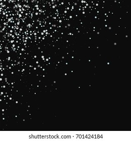 Amazing falling snow. Scattered top left corner on black background. Vector illustration.