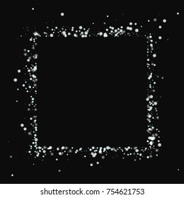 Amazing falling snow. Square abstract border on black background. Breathtaking vector illustration.