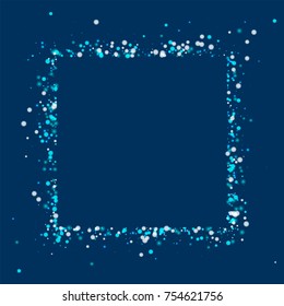 Amazing falling snow. Square abstract border on deep blue background. Impressive vector illustration.