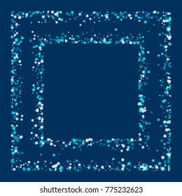 Amazing falling snow. Square chaotic frame on deep blue background. Wondrous vector illustration.