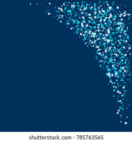Amazing falling snow. Top right corner on deep blue background. Ravishing vector illustration.