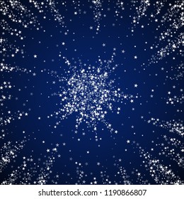 Amazing falling stars Christmas background. Subtle flying snow flakes and stars on dark blue night background. Actual winter silver snowflake overlay template. Amazing vector illustration.