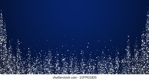 Amazing falling stars Christmas background. Subtle flying snow flakes and stars on dark blue night background. Authentic winter silver snowflake overlay template. Alive vector illustration.