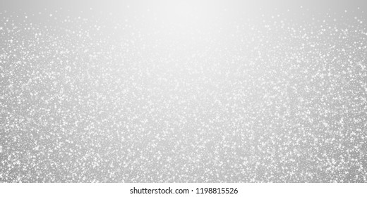 Amazing falling stars Christmas background. Subtle flying snow flakes and stars on light grey background. Beautiful winter silver snowflake overlay template. Captivating vector illustration.