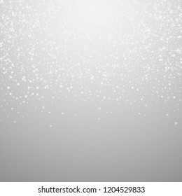 Amazing falling stars Christmas background. Subtle flying snow flakes and stars on light grey background. Alive winter silver snowflake overlay template. Imaginative vector illustration.