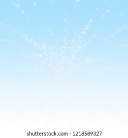 Amazing falling stars Christmas background. Subtle flying snow flakes and stars on winter sky background. Authentic winter silver snowflake overlay template. Optimal vector illustration.