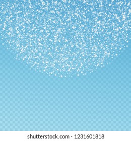 Amazing falling stars Christmas background. Subtle flying snow flakes and stars on blue transparent background. Amazing winter silver snowflake overlay template. Awesome vector illustration.