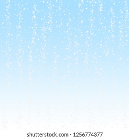 Amazing falling stars Christmas background. Subtle flying snow flakes and stars on winter sky background. Awesome winter silver snowflake overlay template. Fabulous vector illustration.