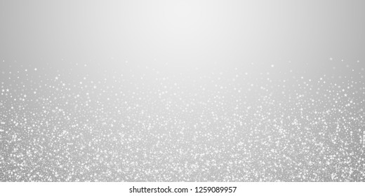 Amazing falling stars Christmas background. Subtle flying snow flakes and stars on light grey background.   